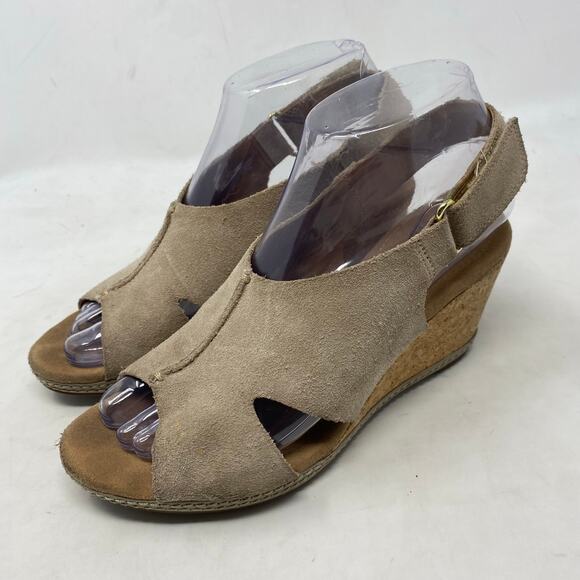 Clarks Helio Float Sandal Tan Suede Slingback Cork Wedge Womens Size 6.5 - Picture 1 of 8